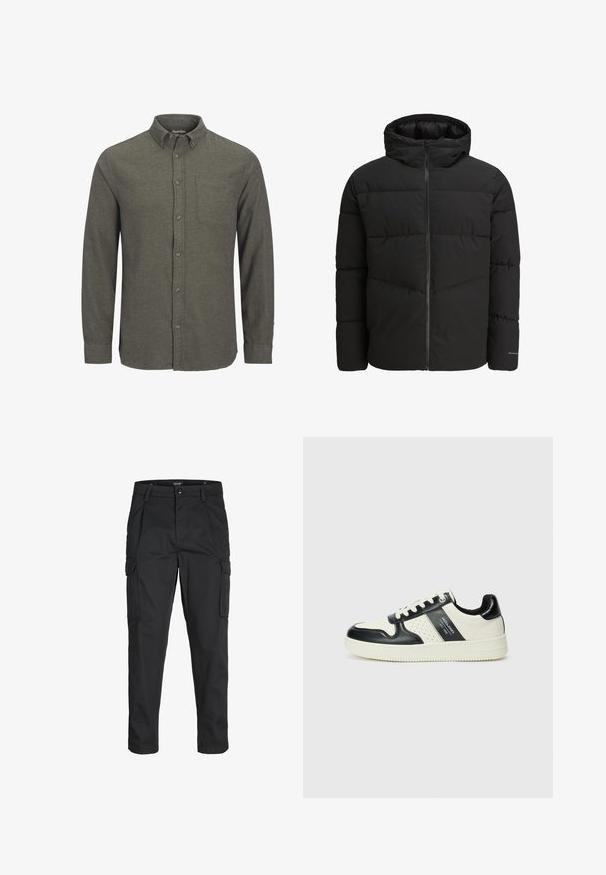Giacca a vento nera con zip frontale, cappuccio integrato, design trapuntato e polsini elasticizzati. Presenta un logo discreto sulla manica.; Camicia verde abbottonata realizzata in tessuto testurizzato, con colletto a punta, una tasca sul petto e maniche lunghe con polsini abbottonati.; Pantaloni cargo neri realizzati in un tessuto resistente, dotati di molteplici tasche, chiusura con bottone e un design aderente con gambe affusolate.; Sneakers in pelle con una combinazione di colori nero e crema, dotati di dettagli perforati, collare imbottito e suola testurizzata.