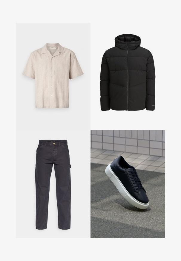 Chaqueta tipo plumón negra con cierre frontal, capucha fija, diseño acolchado y puños elásticos. Presenta un logotipo discreto en la manga.; Camisa de manga corta de lino color beige claro. Presenta un cuello con muesca y seis botones en el frente, con una apariencia texturada y ligeramente tejida.; Pantalones cargo de color gris oscuro, confeccionados con un tejido duradero, que presentan un corte recto, cinco bolsillos y un cierre de botón en la cintura.; Zapatilla de cuero negro con punta redonda y suela de goma blanca. Presenta cordones planos y un mínimo de costuras en la parte superior. Suela texturizada para proporcionar agarre.