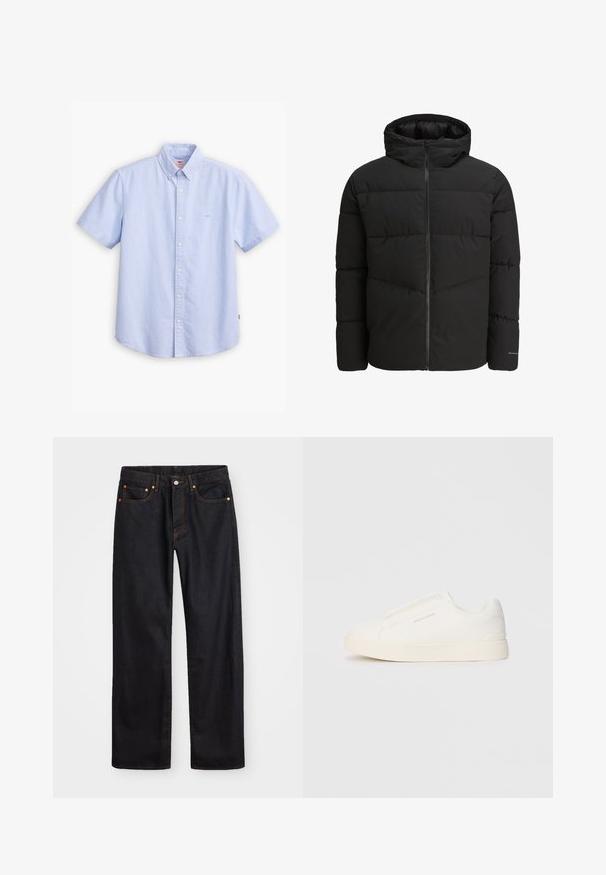 Svart puffjakke med glidelås foran, festet hette, quiltet design og elastiske mansjetter. Har en subtil logo på ermet.; Lys blå kortermet skjorte med knapper laget av bomull. Har spiss krage, front knappestolpe, og liten logo på brystet.; Men's straight-leg svarte denim jeans med fem lommer og oransje søm, knapp og glidelås lukking foran på midjen.; Hvite slip-on joggesko med teksturert overflate, tykk såle og minimalistisk design. Har merkevarelogo på siden.