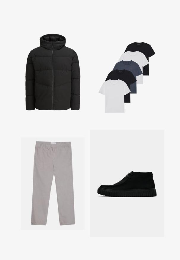 Crna puffy jakna s patentnim zatvaračem sprijeda, pričvršena kapuljača, quilted dizajn i elastične manžete. Ima suptilan logotip na rukavu.; Set od pet majica u crnoj, bijeloj i tamnoplavoj boji. Pamuk, kratki rukavi, kružićasti izrez i jednolična tekstura bez uzoraka.; Svijetlosive pamučne hlače s elastičnom pojasom, dva bočna džepa, ravni kroj nogavica i glatka tekstura. Jednostavni detalj šivanja.; Crne čizme do članka izrađene od mekog materijala, s okruglim vrhom, minimalnim vezivanjem i teksturiranom gumenom potplatom s vertikalnim utorima.