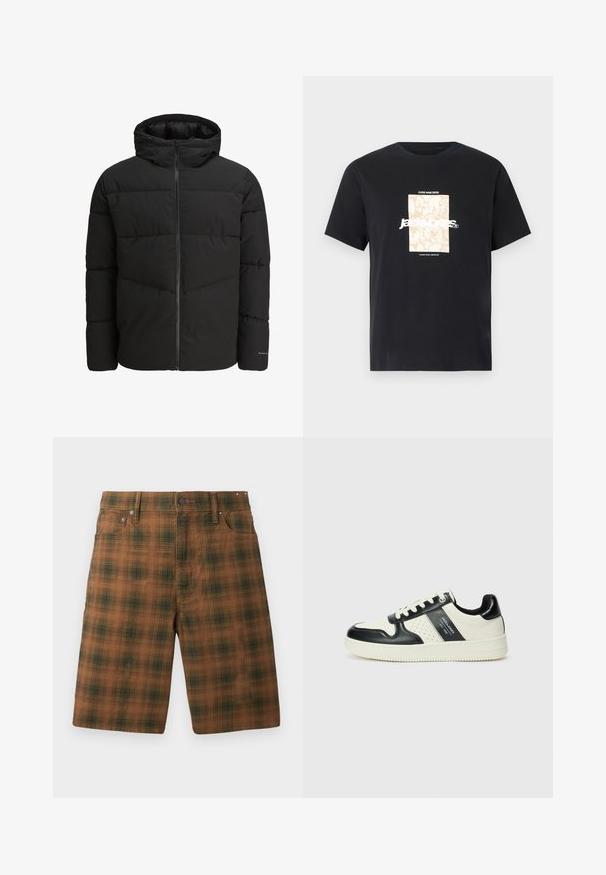 Veste en duvet noire avec une fermeture éclair sur le devant, capuche attachée, design matelassé et poignets élastiques. Présente un logo discret sur la manche.; T-shirt noir en coton avec col rond. Présente un graphique rectangulaire beige et un texte blanc "JAWO" centré sur le devant. Manches courtes.; Shorts à carreaux marron avec un motif texturé, présentant une coupe classique, cinq poches et des accessoires en métal à la taille.; Baskets en cuir avec un schéma de couleurs noir et crème, dotées d'accents perforés, d'un col rembourré et d'une semelle texturée.