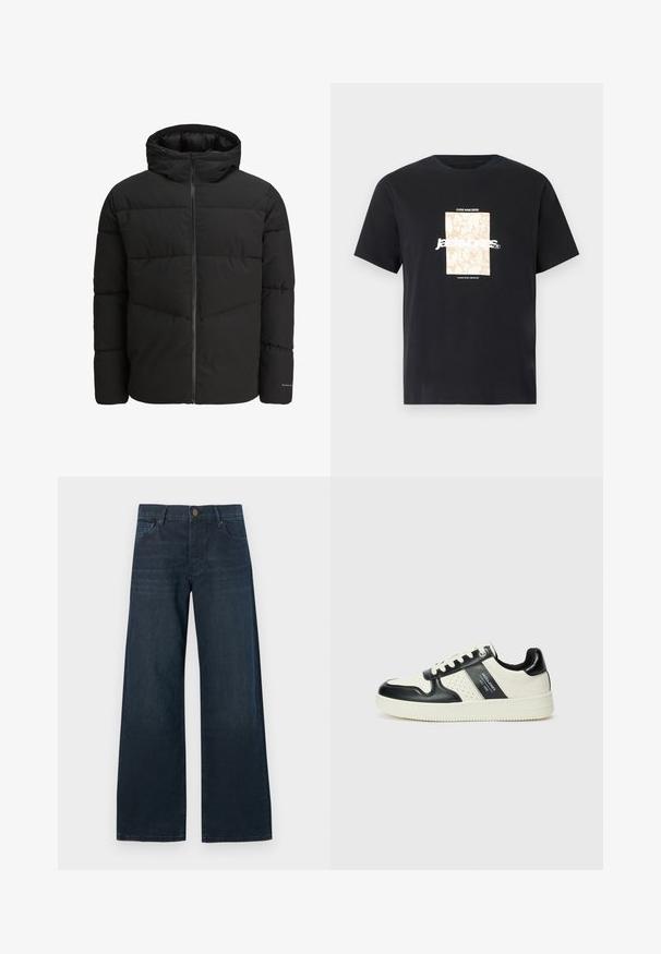 Crna puffy jakna s patentnim zatvaračem sprijeda, pričvršena kapuljača, quilted dizajn i elastične manžete. Ima suptilan logotip na rukavu.; Crna pamučna majica s okruglim izrezom. Ima bež pravokutni grafički prikaz i bijeli tekst "JAWO" centriran sprijeda. Kratki rukavi.; Tamno plave široke traperice s glatkom teksturom, koje imaju prednje dugme za zatvaranje, petlje za pojas i dizajn s pet džepova.; Kožne tenisice s crno-bijelom paletom boja, koje imaju perforirane akcentne detalje, podstavljeni ovratnik i teksturiranu potplat.