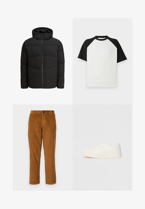 Black puffer jacket with a zip front, attached hood, quilted design, and elastic cuffs. Features a subtle logo on the sleeve.; Black and white short-sleeve t-shirt with a ribbed texture; features raglan sleeves and a round neck.; Brown corduroy pants with a textured surface, straight legs, and a waistband featuring a single button closure.; White slip-on sneakers with a textured surface, a thick sole, and minimalistic design. Features brand logo on the side.