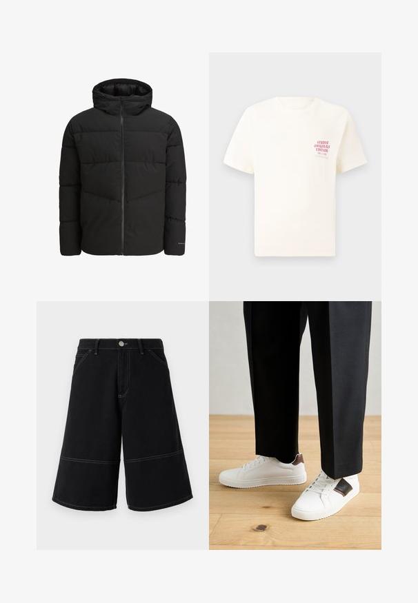 Musta toppatakki, jossa on vetoketjulla oleva etuosa, kiinteä huppu, tikattu muotoilu ja joustavat hihansuut. Hihassa on hillitty logo.; Valkoinen lyhythihainen t-paita, jossa on punainen teksti "Studio Originals Edition" vasemmalla rinnalla, esitetty neutraalilla harmaalla taustalla.; Mustat farkkushortsit, joissa on leveä lahjesuunnittelu, kontrastiväriset keltaiset tikkaukset ja etutaskut. Kankaan pinta on sileä ja kestävä.; Valkoiset tennarit, joissa on sileä pinta, ruskealla nahka-akentilla ja mustilla yksityiskohdilla, yhdistetty mustiin räätälöityihin housuihin. Taustalla puulattia.