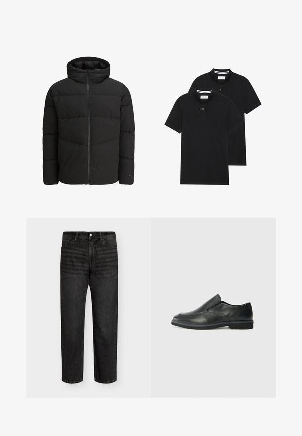 Črna pufasta jakna z zadrgo, pritrjeno kapuco, prešito zasnovo in elastičnimi manšetami. Ima subtilen logotip na rokavu.; Dve črne polo majice, kratke rokave, iz bombažnega materiala, z klasik ovratnikom, dvobodno zaponko in belimi črtkami znotraj ovratnika.; Črne denim hlače s ravnim krojem, srednjega pasu, z petimi žepi in kovinskim gumbom za zapiranje. Gladka tekstura z rahlim zbledelostjo.; Črne usnjene natikače z gladkim zgornjim delom, prišitimi detajli, zaobljenim nosom in nizkim gumijastim petkom. Podplat ima minimalen profil.