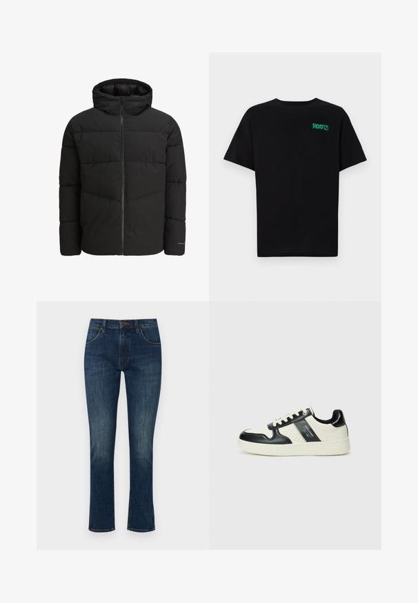 Crna puffy jakna s patentnim zatvaračem sprijeda, pričvršena kapuljača, quilted dizajn i elastične manžete. Ima suptilan logotip na rukavu.; Crna majica kratkih rukava od pamuka. Na prednjem dijelu se nalazi zeleni "ROOTS" logo, okrugli izrez i standardni kroj.; Tamno plave traperice s uskim krojem i ravnim nogavicama. Ima pet džepova i kopčanje na gumb. Svijetlo izblijeđivanje na bedrima.; Kožne tenisice s crno-bijelom paletom boja, koje imaju perforirane akcentne detalje, podstavljeni ovratnik i teksturiranu potplat.