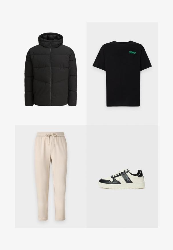 Čierna prešívaná bunda s predným zipsom, pripevnenou kapucňou, prešívaným dizajnom a elastickými manžetami. Obsahuje jemné logo na rukáve.; Čierne tričko s krátkymi rukávmi vyrobené z bavlny. Na prednej strane má zelené logo "ROOTS", okrúhly výstrih a štandardný strih.; Béžové jogger nohavice s elastickým pásom a šnúrkou, vybavené bočnými vreckami a zužujúcimi sa členkami. Hladká textúra, ležérny dizajn.; Kožené tenisky v čierno-krémovej farbe, s perforovanými akcentmi, polstrovaným golierom a štruktúrovanou podrážkou.