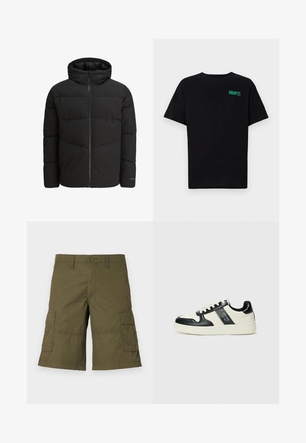 Jack & Jones JJGLOBAL PUFFER JACKET - Zimná bunda - black; Čierne tričko s krátkymi rukávmi vyrobené z bavlny. Na prednej strane má zelené logo "ROOTS", okrúhly výstrih a štandardný strih.; Olivovozelené cargo šortky s gombíkovým zapínaním, viacerými bočnými vreckami a prešitými detailmi. Vyrobené z odolnej látky s voľným strihom.; Kožené tenisky v čierno-krémovej farbe, s perforovanými akcentmi, polstrovaným golierom a štruktúrovanou podrážkou.