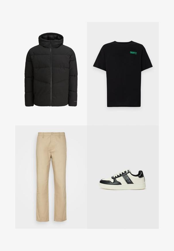 Črna pufasta jakna z zadrgo, pritrjeno kapuco, prešito zasnovo in elastičnimi manšetami. Ima subtilen logotip na rokavu.; Črna majica iz bombaža z kratkimi rokavi. Na sprednji strani ima zeleno logotip "ROOTS", okroglo ovratnico in standardno prileganje.; Bež chino hlače, ravne nogavice, bombažna mešanica, sprednje zapiranje z gumbom, zanke za pas in obrobljeni robovi. Brez vidnih vzorcev ali dodatkov.; Usnjeni športni čevlji z črno in krem barvno shemo, ki vključujejo perforirane dodatke, podložen ovratnik in strukturirano podplat.