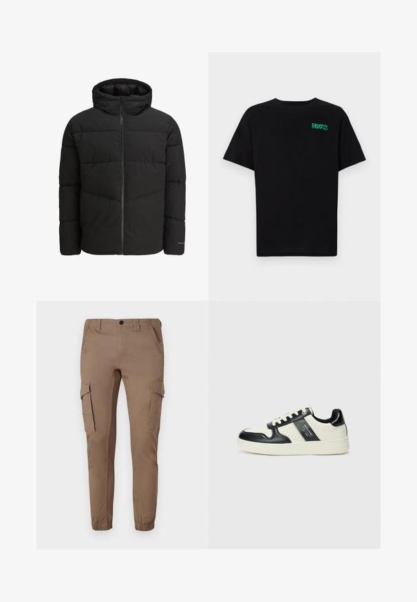 Črna pufasta jakna z zadrgo, pritrjeno kapuco, prešito zasnovo in elastičnimi manšetami. Ima subtilen logotip na rokavu.; Črna majica iz bombaža z kratkimi rokavi. Na sprednji strani ima zeleno logotip "ROOTS", okroglo ovratnico in standardno prileganje.; SVETLO RJAVE cargo hlače z elastičnimi manšeti, več stranskimi žepi in prilegajočim krojem, izdelane iz gladkega, trpežnega materiala.; Usnjeni športni čevlji z črno in krem barvno shemo, ki vključujejo perforirane dodatke, podložen ovratnik in strukturirano podplat.