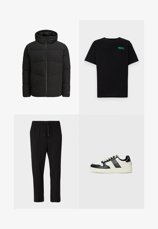 Sort puffjakke med lynlås foran, fast hætte, quiltet design og elastiske manchetter. Har et diskret logo på ærmet.; Sort t-shirt lavet af bomuld med korte ærmer. Har et grønt "ROOTS" logo på forsiden, rund halsudskæring og almindelig pasform.; Only & Sons ONSSEJER PANT - Bukser - black; Lædersneakers i sort og creme farveskema, med perforerede detaljer, en polstret krave og en struktureret ydersål.