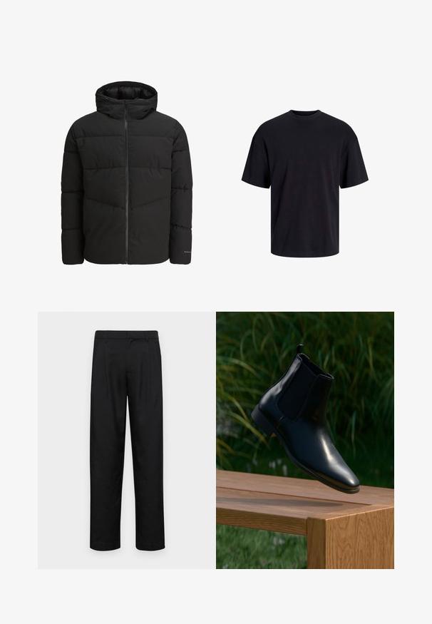 Veste en duvet noire avec une fermeture éclair sur le devant, capuche attachée, design matelassé et poignets élastiques. Présente un logo discret sur la manche.; T-shirt en coton noir avec un col ras du cou, des manches courtes et une coupe décontractée. Texture lisse sans motifs ni accents visibles.; Pantalons noirs en tissu lisse, avec une coupe droite, deux plis avant et une taille standard avec passants de ceinture.; Bottine Chelsea en cuir noir flottant au-dessus d'un banc en bois, avec de l'herbe et des plantes en arrière-plan.