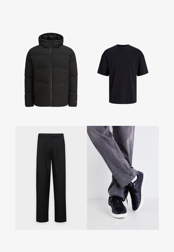 Svart puffjakke med glidelås foran, festet hette, quiltet design og elastiske mansjetter. Har en subtil logo på ermet.; Svart bomull t-skjorte med rund hals, korte ermer og en avslappet passform. Glatt tekstur uten synlige mønstre eller detaljer.; Sorte bukser laget av glatt stoff, med rette ben, to frontfoldninger og standard liv med beltehemper.; Svarte lærtrener med hvite såler og snørebånd, kombinert med grå denimjeans. Trenerne har en glatt tekstur og minimalistisk design.