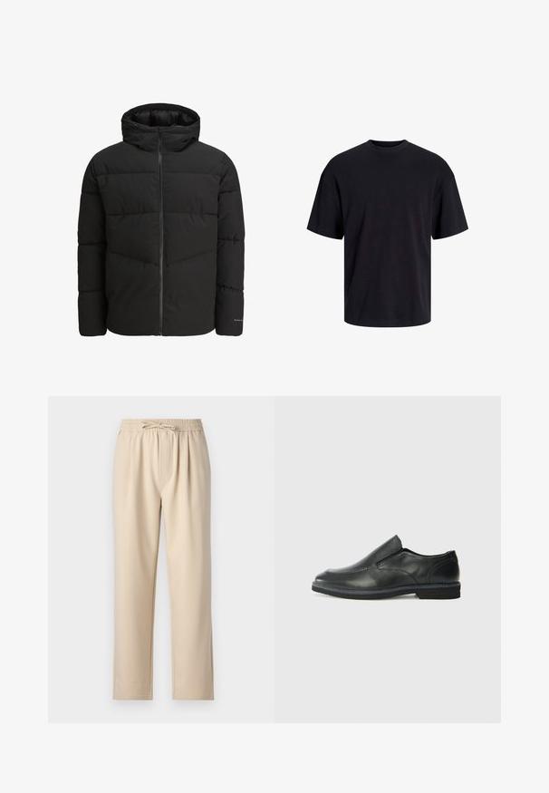 Czarna kurtka puchowa z zamkiem z przodu, przymocowanym kapturem, pikowanym wzorem i elastycznymi mankietami. Zawiera subtelne logo na rękawie.; Czarna bawełniana koszulka z okrągłym dekoltem, krótkimi rękawami i luźnym krojem. Gładka tekstura, bez widocznych wzorów czy akcentów.; Beżowe spodnie z elastycznym paskiem i sznurkiem do regulacji, prostym krojem nogawek oraz miękką, gładką fakturą materiału.; Czarne skórzane buty wsuwane z gładką cholewką, przeszyciami, okrągłym noskiem i niskim gumowym obcasem. Podeszwa ma minimalny bieżnik.