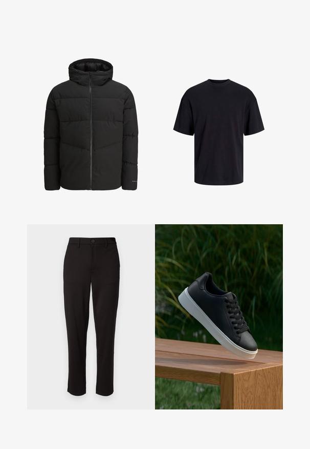 Melnā pūkainā jaka ar rāvējslēdzēja priekšpusi, pievienotu kapuci, quiltēta dizaina un elastīgām cuffiem. Satur diskreto logotipu uz piedurknes.; Melns kokvilnas T-krekls ar apaļu kakla izgriezumu, īsām piedurknēm un brīvu piegriezumu. Gluda tekstūra un nav redzamu rakstu vai akcentu.; Melnas bikses izgatavotas no viegla materiāla, ar taisnu kāju, priekšējo pogu aizdari, jostas cilpām un sānu kabatām.; Melnās ādas sporta apavi ar gludu tekstūru, baltu gumijas zoli un sešiem caurumiem šņorešanai, novietoti uz koka virsmas.