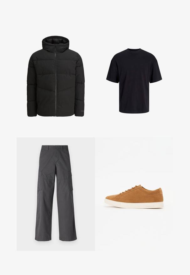 Černá péřová bunda se zipem vpředu, připevněnou kapucí, prošívaným designem a elastickými manžetami. Na rukávu je decentní logo.; Černé bavlněné tričko s kulatým výstřihem, krátkými rukávy a volným střihem. Hladká textura a žádné viditelné vzory ani akcenty.; Jack & Jones JJKNOCKOUT WIDE FIT - Kapsáče - asphalt; Hnědé semišové tenisky s nízkým designem, bílé gumové podrážky a kulatou špičkou. Mají odpovídající tkaničky a minimální branding na patě.