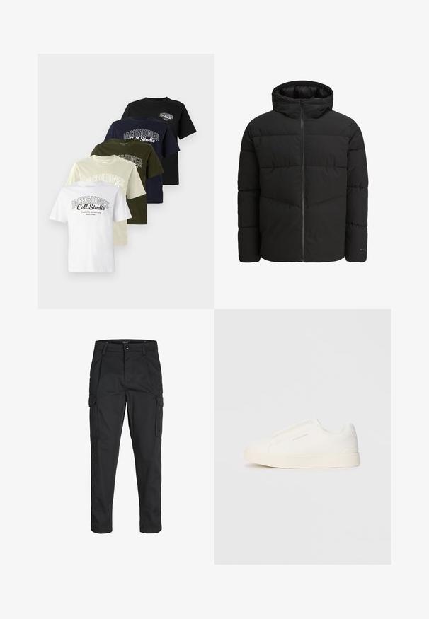 Must must jacket, mille ees zippiga, kinnise kapuutsi, tikandiga kujundus ja elastsete mansettidega. Sünara seljal on diskreetne logo.; Viis t-särki reas: valge, beež, oliiv, tumesinine ja must. Igal särgil on logo, mis sisaldab "JACK&JONES" ja ümmargune kaelus.; Mustad mustapõlvik, mis on valmistatud tugeva koe kasutades, sisaldab mitmeid taskuid, nupule kinnitatav sulgemine ja kitsenev disain.; Valged libisemiskindlad tossud tekstuuriga pinnaga, paksu tallaga ja minimalistikus disainis. Küljel on brändi logo.