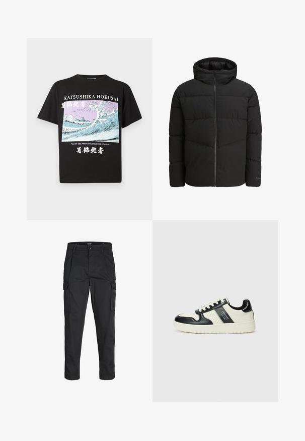 Černá péřová bunda se zipem vpředu, připevněnou kapucí, prošívaným designem a elastickými manžetami. Na rukávu je decentní logo.; Černé bavlněné tričko s krátkými rukávy, s grafickým potiskem Hokusaiovy "Fuji na moři" v modré a fialové barvě s bílým textem.; Černé cargo kalhoty vyrobené z odolné tkaniny, s mnoha kapsami, knoflíkovým zapínáním a slim fit střihem se zúženými nohavicemi.; Kožené tenisky s černobílou barevnou kombinací, které mají perforované detaily, polstrovaný límec a texturovanou podrážku.