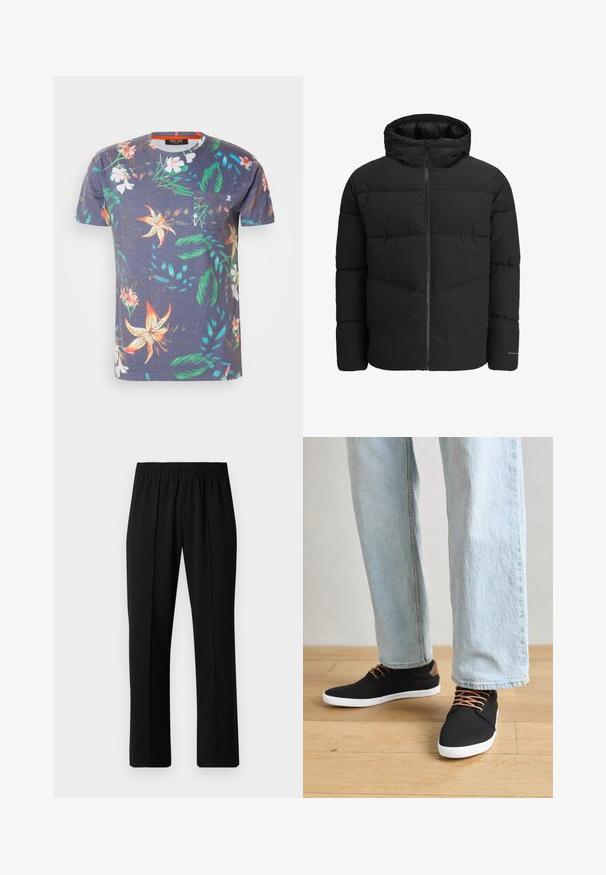 Jachetă puf neagră cu fermoar frontal, glugă atașată, design matlasat și manșete elastice. Prezintă un logo discret pe mânecă.; Tricou cu mânecă scurtă din bumbac, cu o bază albastră închisă și un model floral colorat, având un buzunar pe piept.; Pantaloni negri cu talie elastică, cu un design cu picioare drepte, având o textură netedă și fără modele sau accesorii vizibile.; Tenisi negri din pânză cu accente maro, talpă din cauciuc alb și șireturi maro, asortați cu blugi drepti de culoare albastră deschisă. Fundal din lemn.