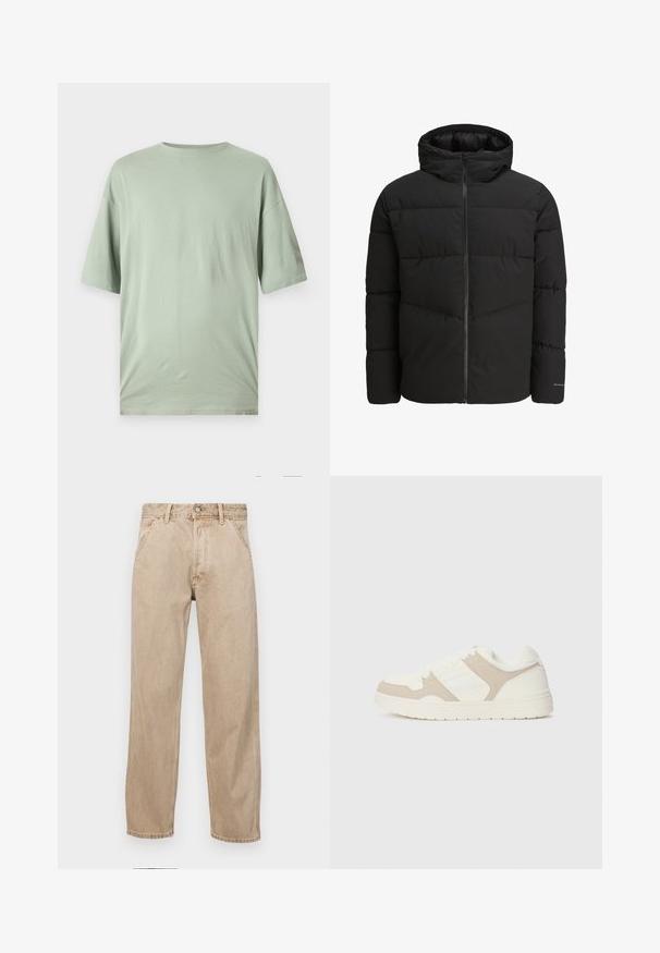 Čierna prešívaná bunda s predným zipsom, pripevnenou kapucňou, prešívaným dizajnom a elastickými manžetami. Obsahuje jemné logo na rukáve.; Svetlozelené tričko s krátkym rukávom vyrobené z mäkkej tkaniny. Má okrúhly výstrih a voľný strih bez viditeľných vzorov alebo ozdôb.; Bežové denimové rifle so strihom rovného nohu, s prednými vreckami, kovovým zapínaním na gombík a jemnou textúrou.; Biele a béžové tenisky s kombináciou hladkej a semišovej textúry, okrúhlym špičkou, šnurovaním a plochou gumovou podrážkou.