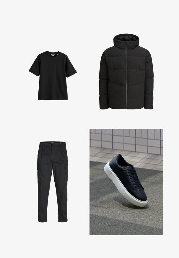 Juodas pūkinis švarkas su užtrauktuku priekyje, pritvirtinta kaptiva, siuvinėta struktūra ir elastiniais rankogaliais. Ant rankovės yra subtilus logotipas.; Juoda medvilninė marškinėliai su trumpomis rankovėmis, apvaliu iškirpimu ir laisvu siluetu. Lygi tekstūra, be matomų raštų ar akcentų.; Juodi krovinių tipo džinsai, pagaminti iš tvirto audinio, su keliais kišeniais, mygtuko uždarymu ir siauru, prigludusiu dizainu su siaurėjančiomis kojomis.; Juodas odinis sportbačius su apvaliu pirštu ir baltu gumuotu padu. Turi plokščias raišteles ir minimalų siuvimą viršuje. Padangos tekstūra užtikrina sukibimą.