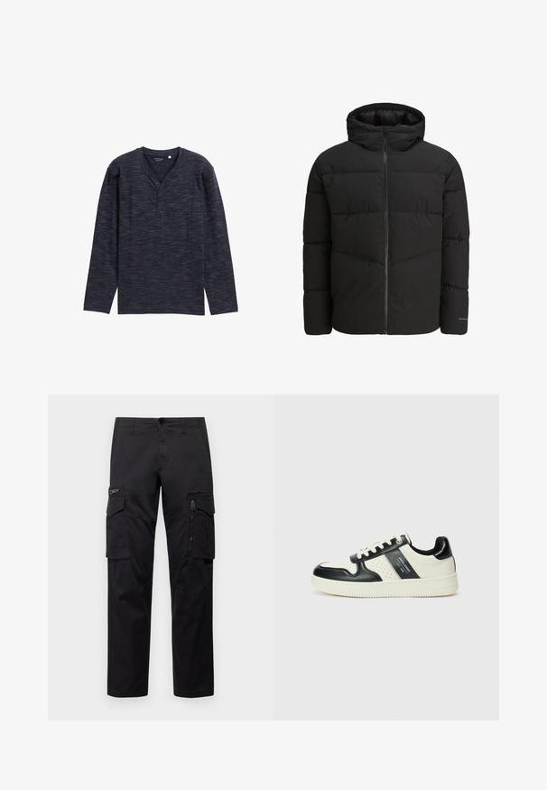 Schwarze Steppjacke mit Reißverschluss vorne, angeschnittener Kapuze, gestepptem Design und elastischen Bündchen. Mit subtiler Logoapplikation am Ärmel.; Langärmliges, dunkelblaues Henley-Shirt mit strukturiertem Muster, V-Ausschnitt und Knopfleiste mit drei Knöpfen. Weicher Stoff.; Schwarze Cargo-Hosen mit mehreren Taschen, einer Reißverschlusstasche am Oberschenkel, geradem Schnitt und strapazierfähigem Baumwollstoff mit leichtem Glanz.; Leder-Sneaker in Schwarz- und Cremetönen, mit perforierten Akzenten, einem gepolsterten Kragen und einer strukturierten Laufsohle.