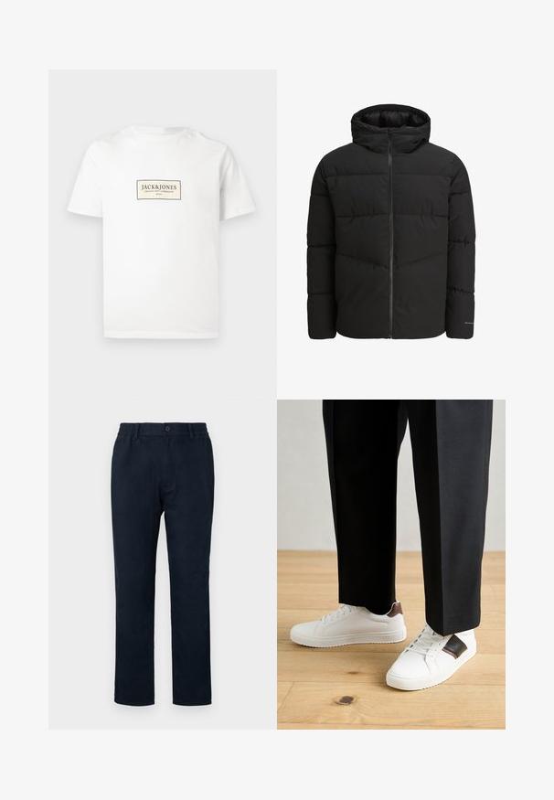 Svart puffjakke med glidelås foran, festet hette, quiltet design og elastiske mansjetter. Har en subtil logo på ermet.; Hvit bomulls T-skjorte med korte ermer, med en rektangulær svart og beige logo på forsiden. Rett nederkant uten tilleggsmønstre.; Marineblå chinos med elastisk midje, frontlukking med knapp og rett ben-design. Jevn tekstur uten synlige mønstre.; Hvite sneakers med glatt tekstur, med brune skinnakenter og svart detaljer, parret med svarte skreddersydde bukser. Bakgrunn med tregulv.