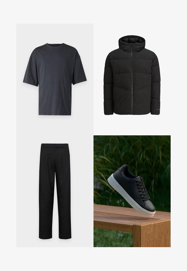 Melnā pūkainā jaka ar rāvējslēdzēja priekšpusi, pievienotu kapuci, quiltēta dizaina un elastīgām cuffiem. Satur diskreto logotipu uz piedurknes.; Tumši pelēkas īsām piedurknēm T-krekls, izgatavots no viegla kokvilnas, ar brīvu piegriezumu un klasisku apaļu kakla izgriezumu, bez rakstiem un ar vienveidīgu faktūru.; Melnas bikses, izgatavotas no gludas auduma, ar taisnu kāju dizainu, divām priekšējām krokām un standarta jostu, kurai ir āķi.; Melnās ādas sporta apavi ar gludu tekstūru, baltu gumijas zoli un sešiem caurumiem šņorešanai, novietoti uz koka virsmas.