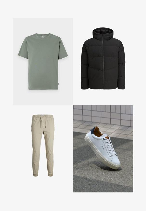 Juodas pūkinis švarkas su užtrauktuku priekyje, pritvirtinta kaptiva, siuvinėta struktūra ir elastiniais rankogaliais. Ant rankovės yra subtilus logotipas.; Trumpas rankovėmis marškinėliai šviesiai žalia spalva, pagaminti iš minkštos medžiagos, su apvalia iškerpimu ir siūtu kraštu, be matomų raštų ar dizainų.; Bežinės siaurėjančios sportinės kelnės su elastiniu juosmeniu, šniūreliais ir kulkšnies apyrankėmis, pagamintos iš minkštos medžiagos. Pasižymi lygiu tekstūra ir minimalistiniu dizainu.; Balti odiniai sportbačiai su mėlynu kulnu, apvalia nosimi ir kontrastingais rudais akcentais. Aptakios raišteliai ir tekstūruota guma.