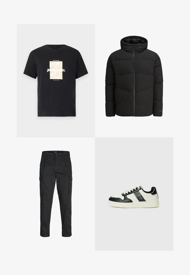 Must must jacket, mille ees zippiga, kinnise kapuutsi, tikandiga kujundus ja elastsete mansettidega. Sünara seljal on diskreetne logo.; Mustmust mustäriga T-särk, millel on ümar kaelus. Esipaneelil on beež ristkülikukujuline graafika ja valge tekst "JAWO", mis on keskendatud. Lühikesed varrukad.; Mustad mustapõlvik, mis on valmistatud tugeva koe kasutades, sisaldab mitmeid taskuid, nupule kinnitatav sulgemine ja kitsenev disain.; Nahatud nahkkingad musta ja kreemi värviskeemiga, millel on perforeeritud aktsendid, pehme krae ja tekstureeritud tallad.