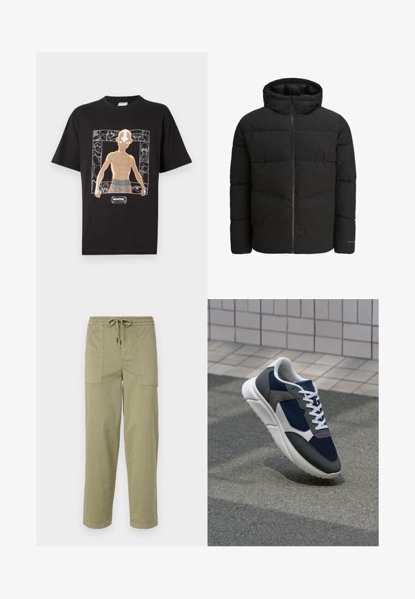 Musta toppatakki, jossa on vetoketjulla oleva etuosa, kiinteä huppu, tikattu muotoilu ja joustavat hihansuut. Hihassa on hillitty logo.; Musta puuvillapaita, jossa on graafinen printti hahmosta, jolla on kalju pää ja hyvin defined torso, ympäröitynä lisähahmojen luonnoksilla.; Vaaleanoliivinvihreät housut, jotka on valmistettu puuvillasekoitteesta. Housuissa on joustava vyötärö, joka sisältää nyörin, sekä kaksi suurta sivutaskua.; Kengät, joissa on tummansininen verkkopäällinen, harmaat mokka-yksityiskohdat, valkoinen kumipohja ja litteät valkoiset nauhat, suunniteltu mukavuutta ja hengittävyyttä varten.