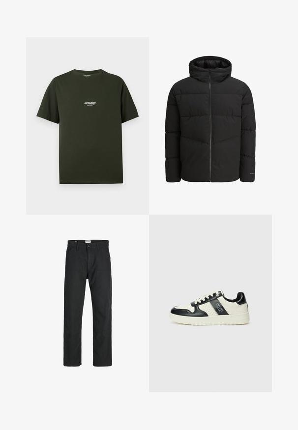 Juodas pūkinis švarkas su užtrauktuku priekyje, pritvirtinta kaptiva, siuvinėta struktūra ir elastiniais rankogaliais. Ant rankovės yra subtilus logotipas.; Tamsiai žalia medvilninė marškinėliai su apvaliu kaklu ir trumpomis rankovėmis, kairėje krūtinės pusėje su baltu spaudiniu „JJ Studios“.; Juodi kelniai, pagaminti iš tvirto audinio, su tiesiomis kojomis, siuvinėtomis detalėmis ir dviem priekinėmis kišenėmis funkcionalumui.; Odiniai sportbačiai juodos ir kreminės spalvų schemoje, su perforuotais akcentais, paminkštinta apykakle ir tekstūruotu padu.