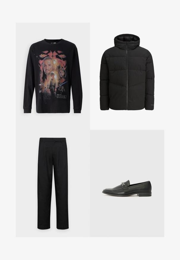 Fekete puffermellény, elülső cipzárral, hozzákapcsolt kapucnival, steppelt dizájnnal és rugalmas mandzsettákkal. Az ujjon diszkrét logó található.; Fekete, hosszú ujjú póló, amelyen a "Star Wars: I. epizód - A baljós árnyék" színes grafikai nyomatai láthatók, különböző karakterekkel és részletekkel.; Fekete nadrág sima anyagból, egyenes szárú fazonnal, két elülső redővel és közönséges derékkal, övhurkokkal.; Fekete bőr loaferek sima felülettel, varrott mintával és díszítő fém lánccal a cipő elején. Lapos sarok.