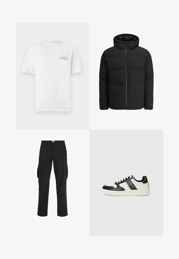 Svart puffjakke med glidelås foran, festet hette, quiltet design og elastiske mansjetter. Har en subtil logo på ermet.; Hvit bomulls T-skjorte med korte ermer, rund hals og en liten trykt logo i svart og gull som sier "Cancun."; Svart cargo-bukser laget av bomull, med flere sidelommer, rett ben-design og kneppelig lukking i livet.; Lædersneakers med sort og creme farveskema, der har perforerede detaljer, en polstret krave og en struktureret ydersål.