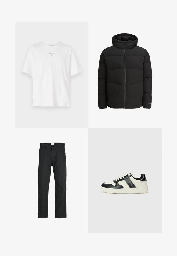 Jachetă puf neagră cu fermoar frontal, glugă atașată, design matlasat și manșete elastice. Prezintă un logo discret pe mânecă.; Tricou alb din bumbac cu guler rotund, mâneci scurte și un logo imprimat care spune "ESS.WRD." pe piept, design minimalist.; Pantaloni negri dintr-un material durabil, cu un design cu picior drept, accente cusute și două buzunare frontale pentru funcționalitate.; Tenisi din piele cu un scheme de culori negru și crem, dotati cu accente perforate, guler căptușit și o talpă texturată.