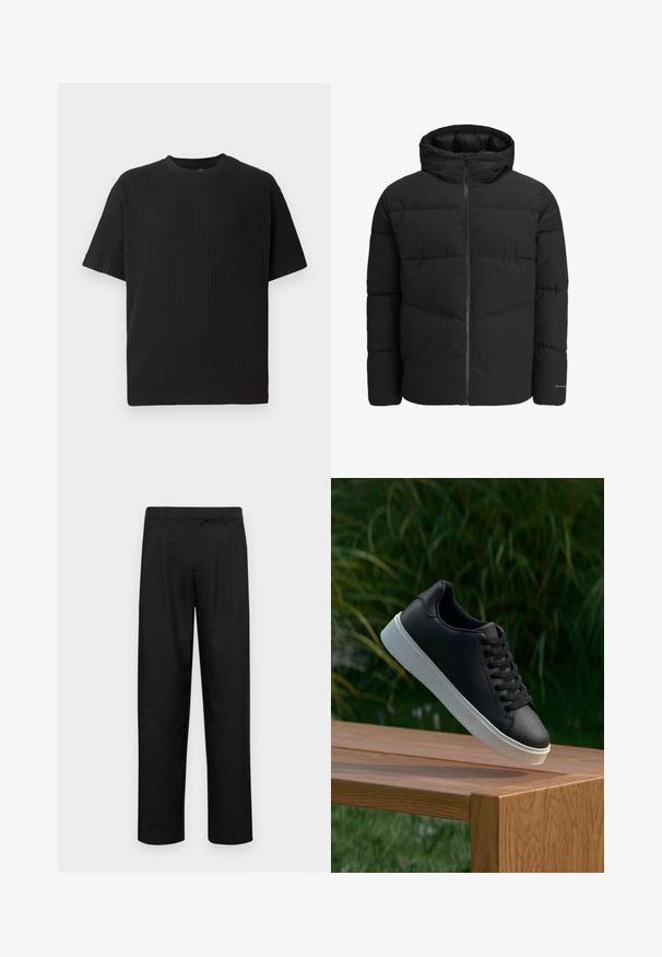 Svart puffjakke med glidelås foran, festet hette, quiltet design og elastiske mansjetter. Har en subtil logo på ermet.; Svart ribbeformet T-skjorte med kort erm og rund hals, med en teksturert overflate og en avslappet passform.; Sorte bukser laget av glatt stoff, med rette ben, to frontfoldninger og standard liv med beltehemper.; Sorte skinnesneakers med en glatt tekstur, hvit gummisåle og seks hull for lisser, vises på en treoverflate.