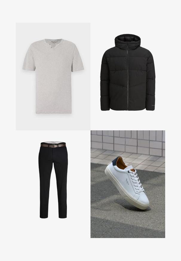 Schwarze Steppjacke mit Reißverschluss vorne, angeschnittener Kapuze, gestepptem Design und elastischen Bündchen. Mit subtiler Logoapplikation am Ärmel.; Kurzärmeliges T-Shirt in Grau- und Weißstreifen mit rundem Kragen und zwei Knopfdetails am Ausschnitt. Weicher Stoff mit lässiger Passform.; Schwarze Baumwollhose mit geradem Schnitt, ausgestattet mit einem braunen Ledergürtel und einer glatten Textur. Einfaches Design, keine sichtbaren Muster oder Akzente.; Weiße Ledersneaker mit navyfarbenem Fersenbereich, runder Zehenpartie und kontrastierenden braunen Akzenten. Verfügt über flache Schnürsenkel und eine strukturierte Gummisohle.