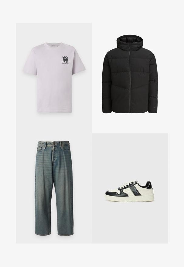 Svart puffjakke med glidelås foran, festet hette, quiltet design og elastiske mansjetter. Har en subtil logo på ermet.; Kortermet, lyse lilla bomull T-skjorte med et grafisk bildet av en svart katt og tekst på venstre bryst. Rund hals og avslappet passform.; Lyseblå denimjeans med løs passform, midjehøyde og rette ben. Har fem lommer, beltehemper og knappelukking.; Lædersneakers med sort og creme farveskema, der har perforerede detaljer, en polstret krave og en struktureret ydersål.