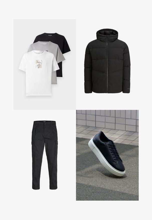 Czarna kurtka puchowa z zamkiem z przodu, przymocowanym kapturem, pikowanym wzorem i elastycznymi mankietami. Zawiera subtelne logo na rękawie.; Trzy koszulki w kolorze białym, szarym i czarnym. Krótkie rękawy, okrągłe dekolty. Biała koszulka ma subtelny graficzny wzór czaszek. Materiał bawełniany.; Czarne spodnie cargo wykonane z wytrzymałego materiału, z wieloma kieszeniami, zapięciem na guzik oraz zwężanym krojem nogawek.; Czarne skórzane sneakersy z okrągłym noskiem i białą gumową podeszwą. Posiadają płaskie sznurowadła i minimalne przeszycia na cholewce. Teksturowana podeszwa zapewnia przyczepność.
