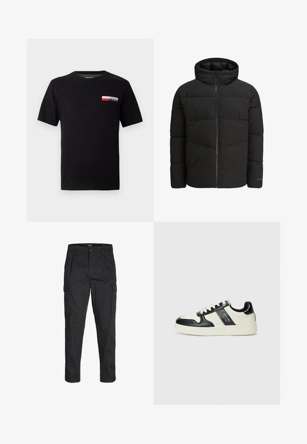 Melnā pūkainā jaka ar rāvējslēdzēja priekšpusi, pievienotu kapuci, quiltēta dizaina un elastīgām cuffiem. Satur diskreto logotipu uz piedurknes.; Melna kokvilnas T-kreklu ar mazu logotipa dizainu un taisnstūra krāsu bloku sarkanā un baltā krāsā kreisajā krūšu daļā.; Melnas kravas bikses, izgatavotas no izturīga auduma, ar vairākiem kabatām, pogu aizdari un šaura piegriezuma dizainu ar sašaurinātiem kāju apakšiem.; Ādas sporta apavi ar melnbaltu krāsu shēmu, ar perforētiem akcentiem, mīkstinātu apkakli un teksturētu zoli.