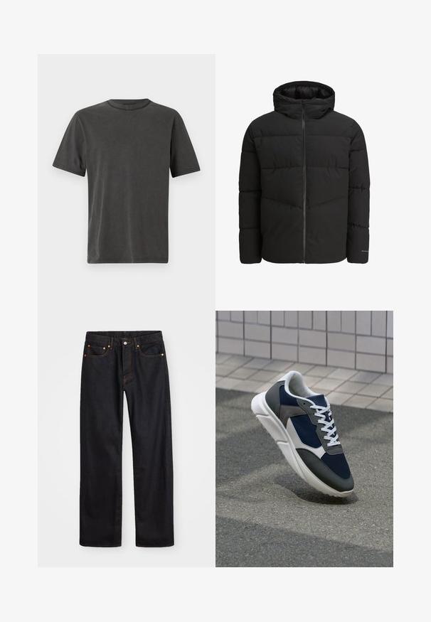 Čierna prešívaná bunda s predným zipsom, pripevnenou kapucňou, prešívaným dizajnom a elastickými manžetami. Obsahuje jemné logo na rukáve.; Tmavošedé tričko s krátkym rukávom a okrúhlym výstrihom, vyrobené z mäkkej bavlnenej látky, s jemným prešívaním pozdĺž okrajov.; Pánske rovné čierne riflové nohavice s piatimi vreckami a oranžovým prešívaním, s gombíkom a zipsom na prednom páse.; Tenisky s sieťovinou v námorníckej modrej farbe, so sivými semišovými detailmi, bielou gumovou podrážkou a plochými bielymi šnúrkami, navrhnuté pre pohodlie a priedušnosť.