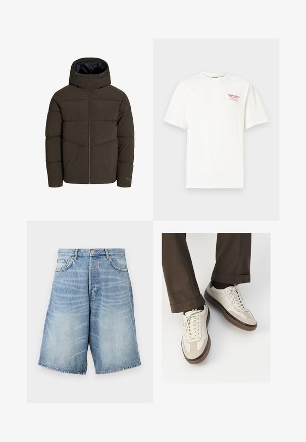 Kurtka puchowa w ciemnooliwkowym kolorze, z pełnym zamkiem błyskawicznym z przodu, kapturem i pikowanym wzorem z ukośnymi przeszyciami na korpusie.; Biały bawełniany t-shirt z okrągłym dekoltem i krótkimi rękawami, z czerwonym napisem na lewej piersi: "NORTH POLE CO. SANTA'S GROTTO."; Jasnoniebieskie szorty dżinsowe z wyblakłym praniem. Posiadają zapięcie na guzik, szlufki na pasek i dwie przednie kieszenie.; Beżowe sneakersy z teksturowanym zamszowym przodem, gładkimi skórzanymi bokami i brązową gumową podeszwą. Zawierają sznurówki oraz subtelne detale w dwóch kolorach.