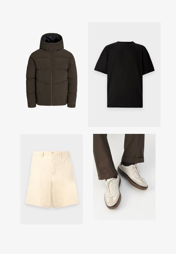 Puffer jacket in dark olive green, featuring a full front zipper, hood, and quilted texture with angled seam details on the body.; Black short-sleeve T-shirt made from ribbed fabric. Features a round neckline and a relaxed fit with a smooth texture. Back view only.; Beige linen shorts with a tailored fit, featuring a front button closure, two side pockets, and subtle texture.; Beige sneakers with a textured suede front, smooth leather sides, and a brown rubber sole. Laces and light stitching detail included.