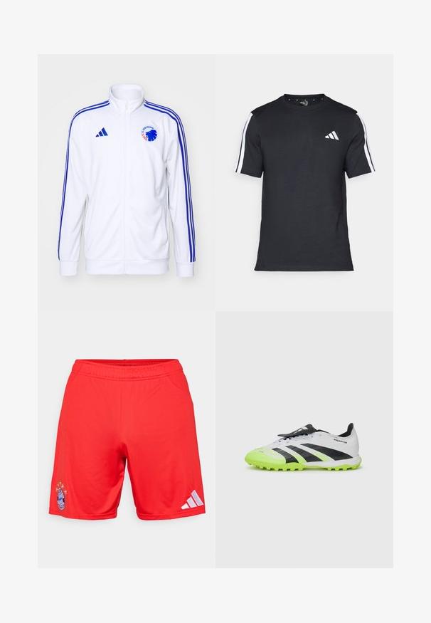 Casaco desportivo branco com riscas azuis, com fecho éclair à frente e logótipo. Feito de tecido suave, apresentando punhos e bainha com nervuras.; T-shirt preto feito de algodão, com mangas curtas, apresentando riscas brancas nos ombros e um logótipo branco no lado esquerdo do peito.; Calções desportivos vermelhos feitos de um tecido suave, com um logótipo bordado e cinco estrelas acima dele, com riscas brancas da Adidas de cada lado.; Chuteira de futebol branca e preta com detalhes em verde néon. Parte superior texturizada, riscas pretas e cravos moldados numa sola vibrante contrastante.