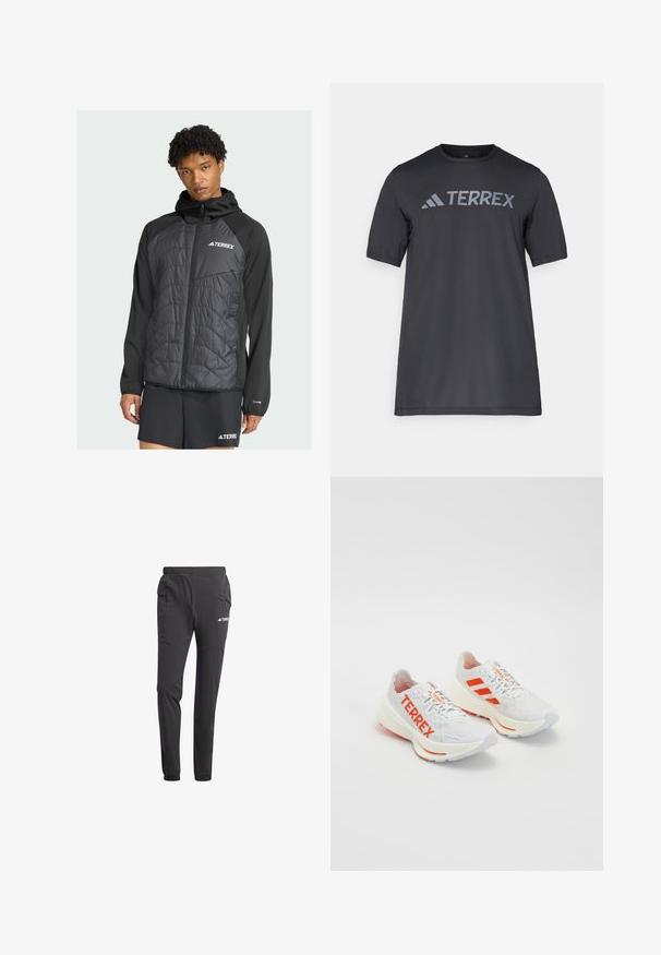 Un giovane con i capelli ricci indossa una giacca nera Terrex su un abbigliamento scuro, in piedi di fronte a uno sfondo chiaro, osservando direttamente l'osservatore.; T-shirt nero a maniche corte realizzato in tessuto leggero, con il logo "TERREX" grigio chiaro sul petto e colletto tondo.; Pantaloni sportivi neri realizzati in tessuto leggero, con vita elasticizzata, tasche laterali, gambe affusolate e dettaglio con logo.; Scarpe da ginnastica bianche con accenti arancioni, che presentano il marchio "TERREX", una tomaia in mesh, suola ammortizzata e una suola esterna in gomma testurizzata.