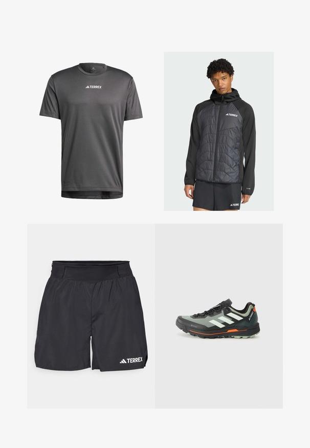 A young man with curly hair wears a black Terrex jacket over a dark outfit, standing against a light background, looking directly at the viewer.; adidas Terrex TERREX MULTI - Basic T-shirt - black; Black athletic shorts with a stretchy waistband, made of lightweight fabric. Features a white "TERREX" logo on the lower left side.; Lightweight trail running shoe with a gray and black mesh upper, orange accents, and a rugged outsole for traction. Waterproof Gore-Tex lining.