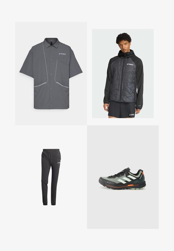 Mladý muž s kudrnatými vlasy má na sobě černou bundu Terrex přes tmavý outfit, stojí proti světlému pozadí a hledí přímo na diváka.; Šedá košile s krátkým rukávem, límečkem, předními knoflíky, dvěma kapsami s bílým prošíváním a logem "TERREX" na levé horní straně.; Černé sportovní kalhoty vyrobené z lehkého materiálu, s elastickým pasem, bočními kapsami, zúženými nohavicemi a detailem s logem.; Lehká trailová běžecká bota se šedou a černou síťovinou, oranžovými akcenty a robustní podešví pro trakci. Voděodolná podšívka Gore-Tex.