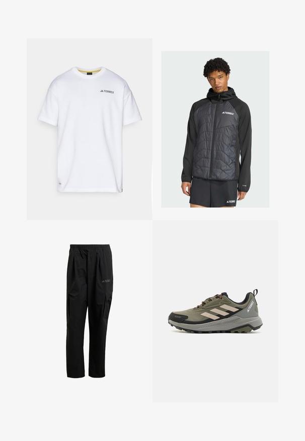 A young man with curly hair wears a black Terrex jacket over a dark outfit, standing against a light background, looking directly at the viewer.; White short-sleeve t-shirt made of cotton. Features a black "TERREX" logo on the upper left chest and a yellow inner collar.; Black cargo pants made of lightweight material, featuring an elastic waistband, side pockets, and a subtle logo on the thigh.; Trail running shoe in olive green with black accents. Features three white stripes, textured fabric, and a rugged sole for traction.