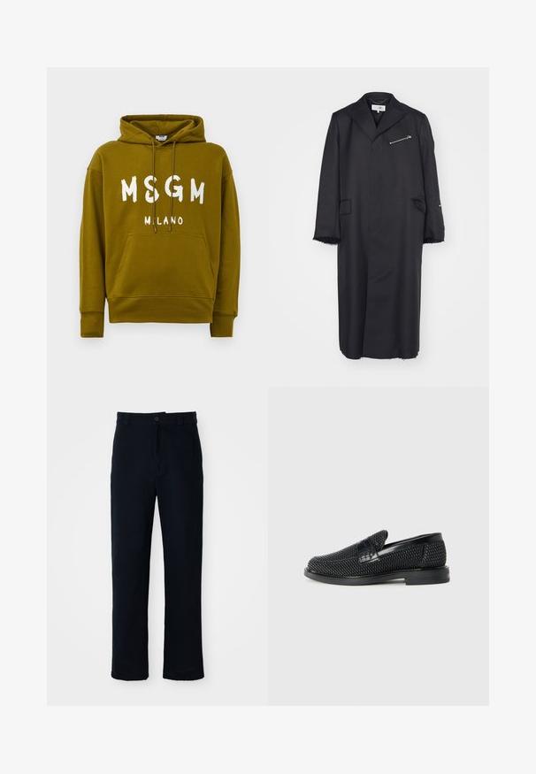 Μαύρο προσαρμοσμένο παλτό με γιακά, τσέπη με φερμουάρ στο στήθος και δύο πλευρικές τσέπες. Διαθέτει ανομοιόμορφα άκρα στα μανίκια και το στρίφωμα.; Ελαιόχρωμο φούτερ με κουκούλα με λευκό κείμενο "MSGM MILANO" μπροστά, διαθέτοντας μπροστινές τσέπες τύπου καγκουρό και κουκούλα με κορδόνι.; Κοντό παντελόνι σκούρου μπλε χρώματος, φτιαγμένο από βαμβάκι, με ίσια γραμμή, μπροστινό κλείσιμο με κουμπί και κλασική ζώνη με θηλιές.; Μαύρο πλεκτό παπούτσι slip-on με λείο δερμάτινο στοιχείο στο άνω μέρος, στρογγυλή μύτη και χαμηλό καουτσούκ πάτο.
