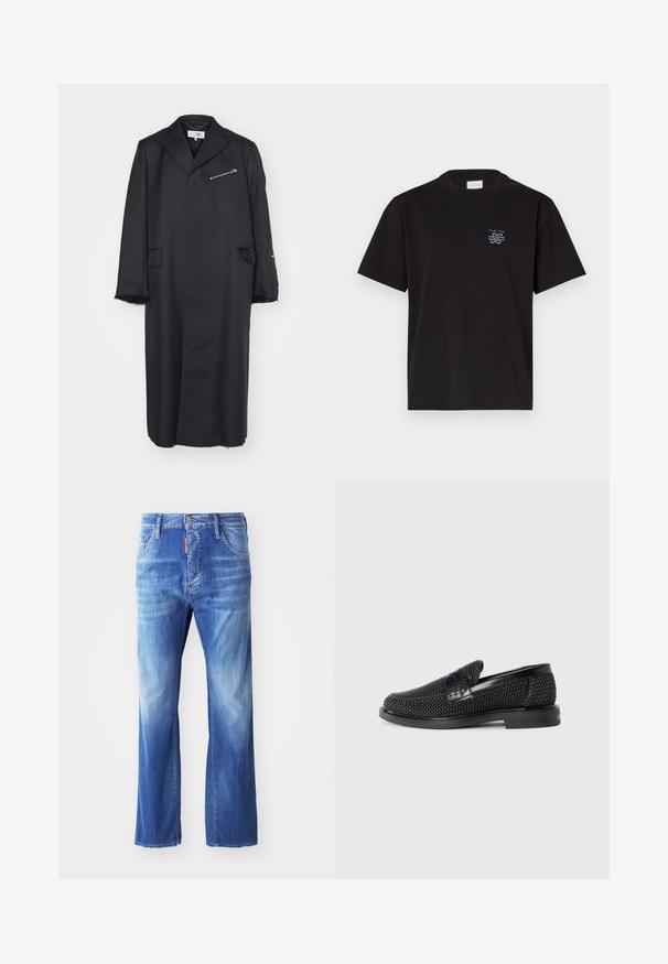 Mustapukuinen säädetty takki, jossa on kaulus, rintatasku vetoketjulla ja kaksi sivutaskua. Hihoissa ja helmassa on risareunat.; Mustikka puuvillapaita, jossa on pyöreä kaula-aukko ja lyhyet hihat. Vasemmassa rinnassa pieni sininen logo. Yksinkertainen, suora leikkaus.; Vaaleansiniset farkut rentoa istuvuutta, joissa on haalistunut pesu, suorat lahkeet, viisi taskua ja punainen etiketti vyötäröllä.; Musta kudottu liukupohjallinen kenka, jossa on sileä nahkakorostus päällisessä, pyöreä kärki ja matala kumipohja.